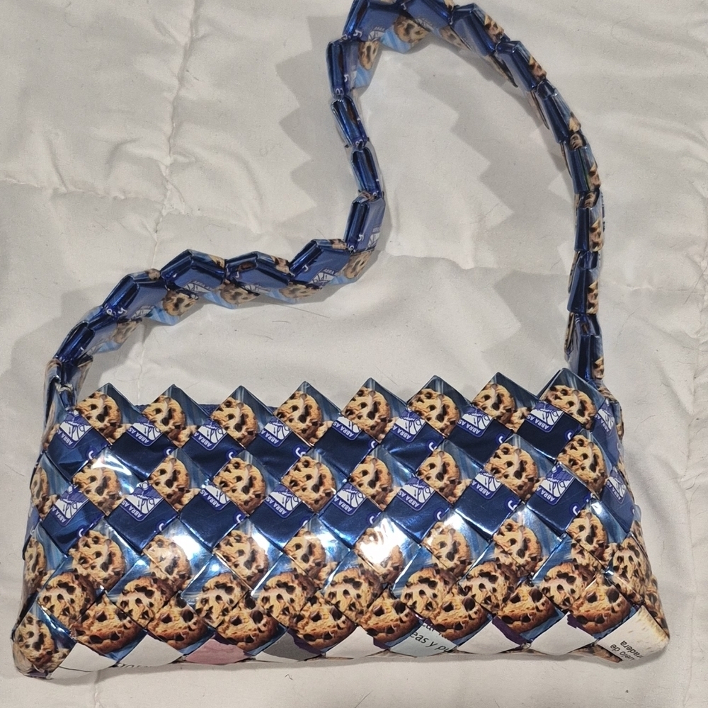 Blue Woven Crossbody Bag with Cookie Print